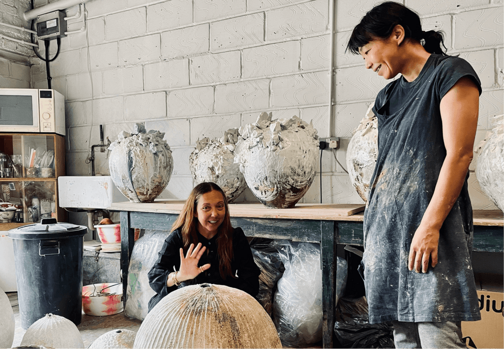 CO-FOUNDER ROBIN STANDEFER VISITING ARTIST AKIKO HIRAI IN HER STUDIO SEPTEMBER 2021
